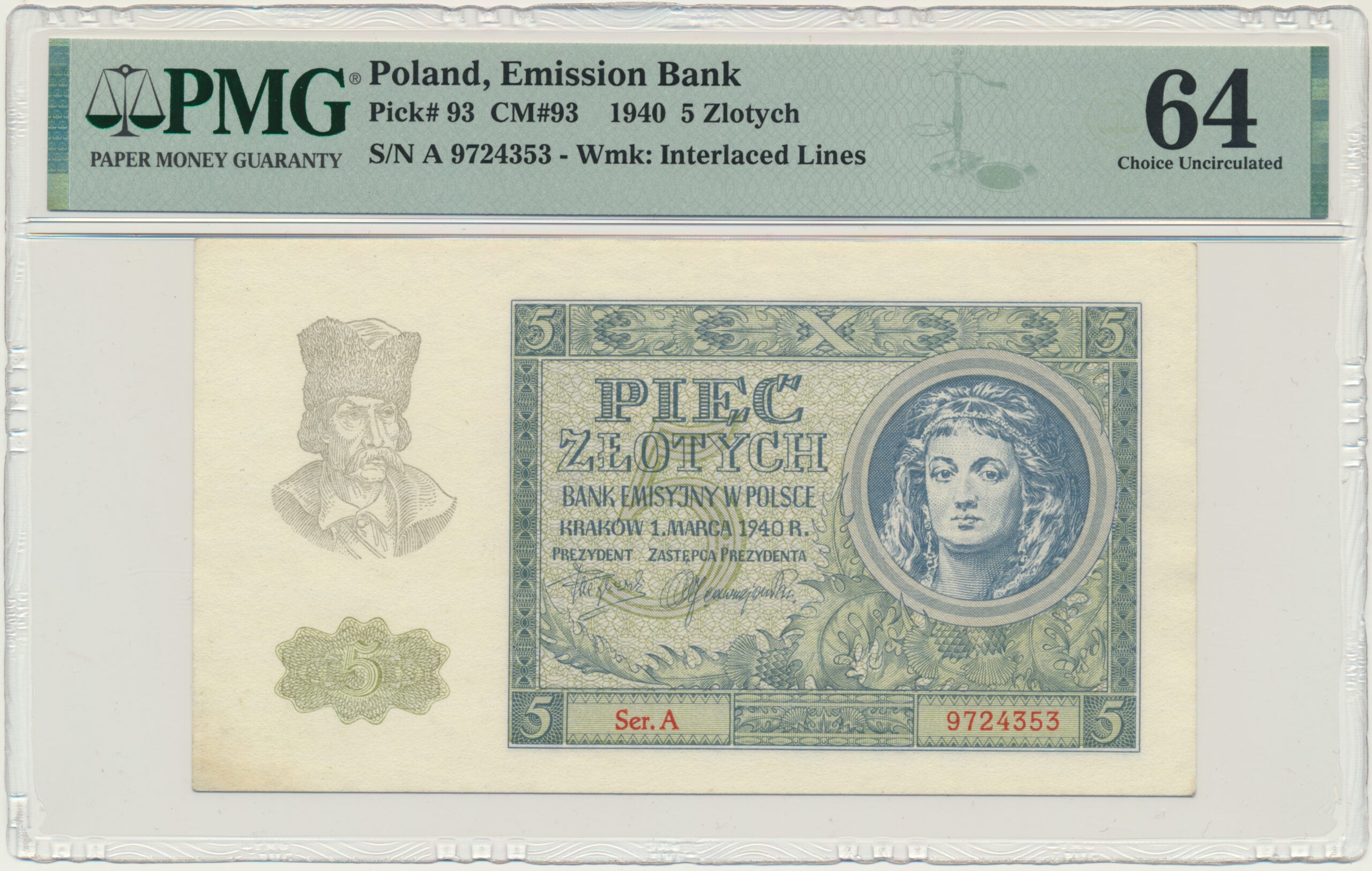 Banknot 5 złotych 1940 – A – PMG 64