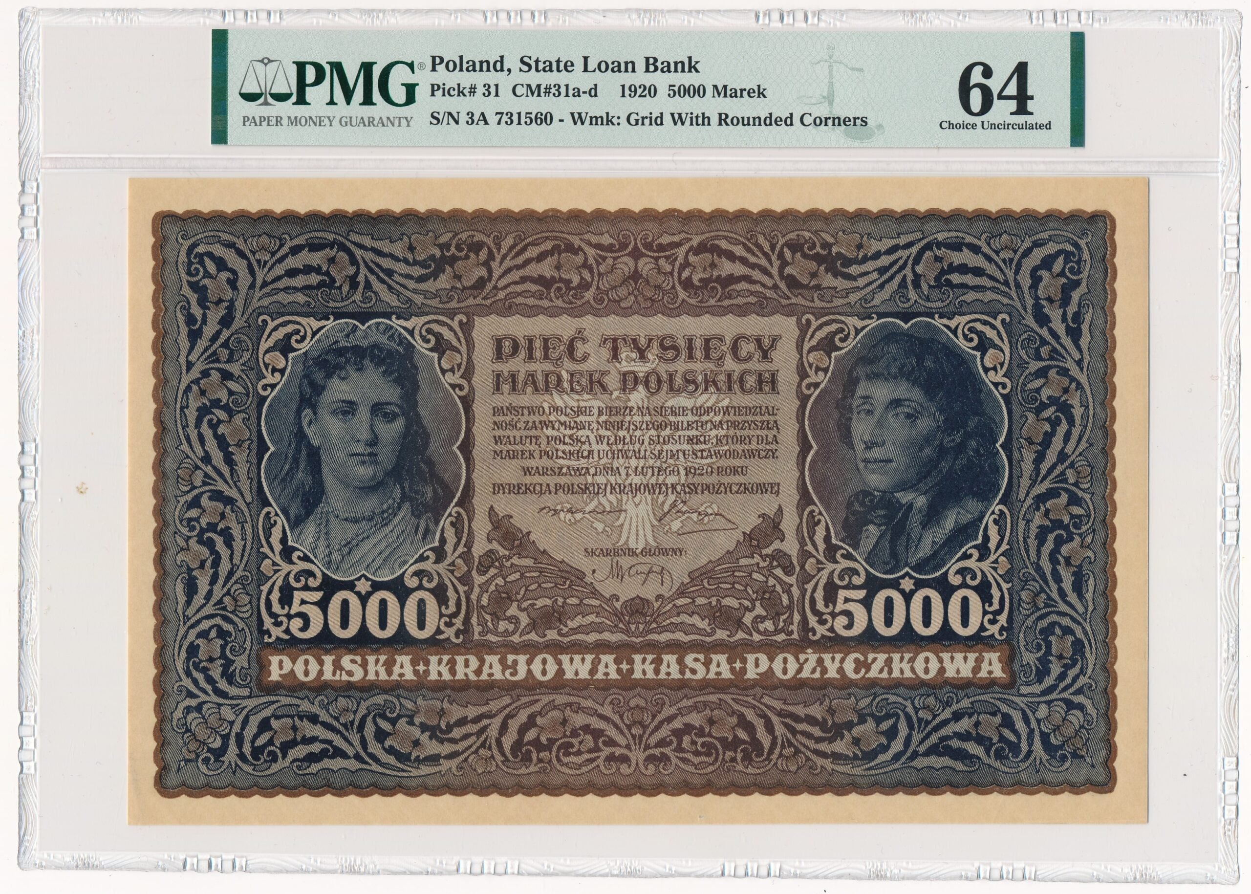 Banknot 5.000 marek 1920 – III Serja A – PMG 64 EPQ